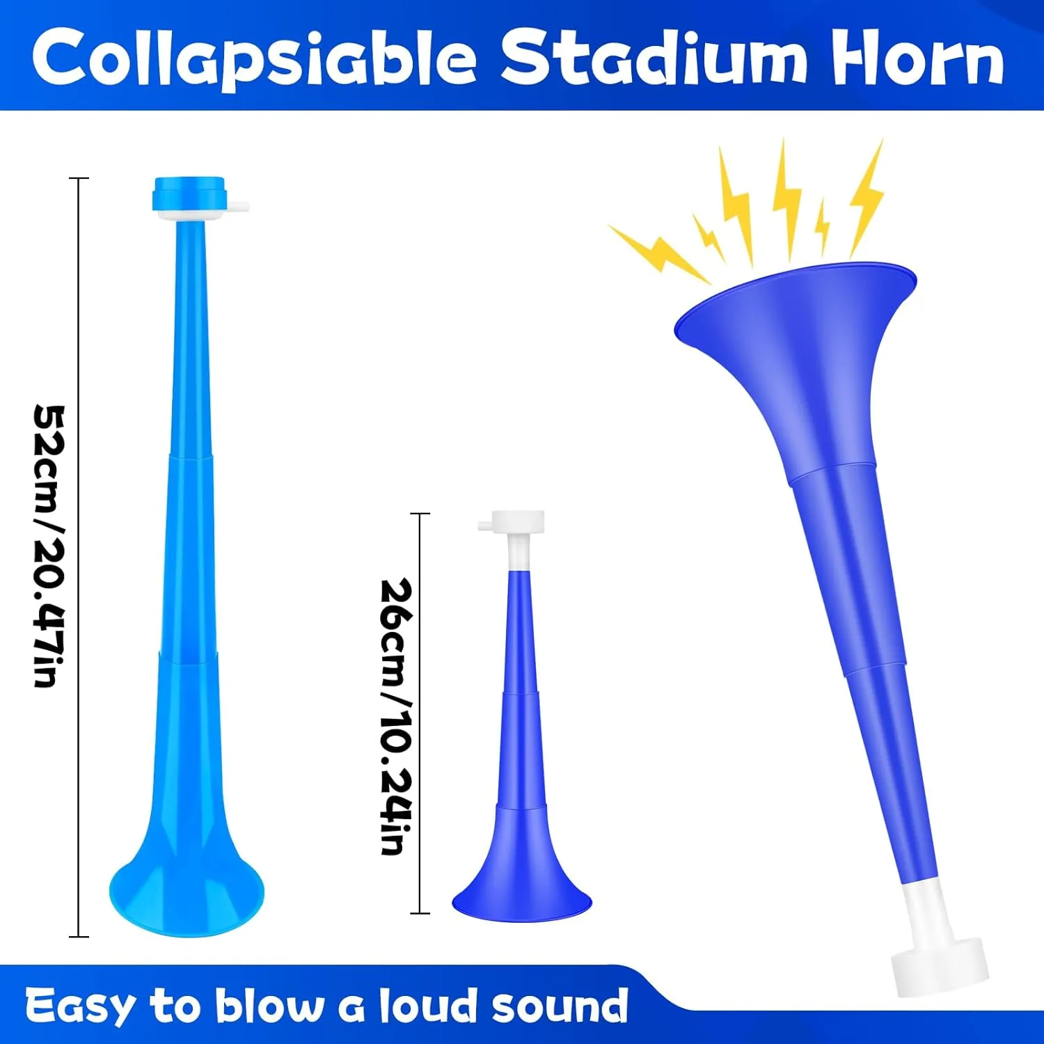 Denylo pro 4 Pcs Collapsible Stadium Horn Set NoiseMaker Vuvuzela Plastic Trumpet Horn Set Blue Soccer Horn Blow Horn Noisemakers for Sporting Events Graduation Games School Sports Party Supplies