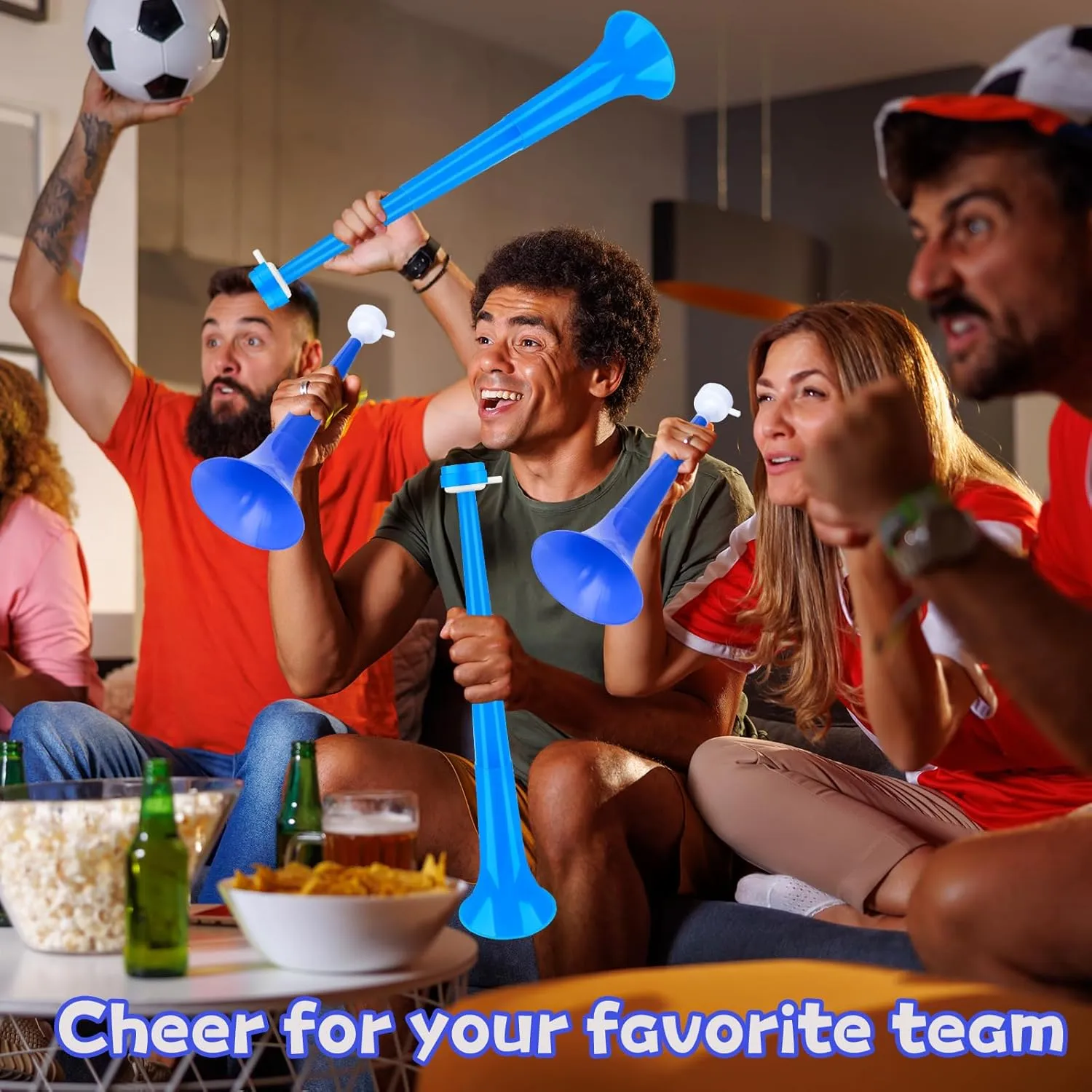 Denylo pro 4 Pcs Collapsible Stadium Horn Set NoiseMaker Vuvuzela Plastic Trumpet Horn Set Blue Soccer Horn Blow Horn Noisemakers for Sporting Events Graduation Games School Sports Party Supplies