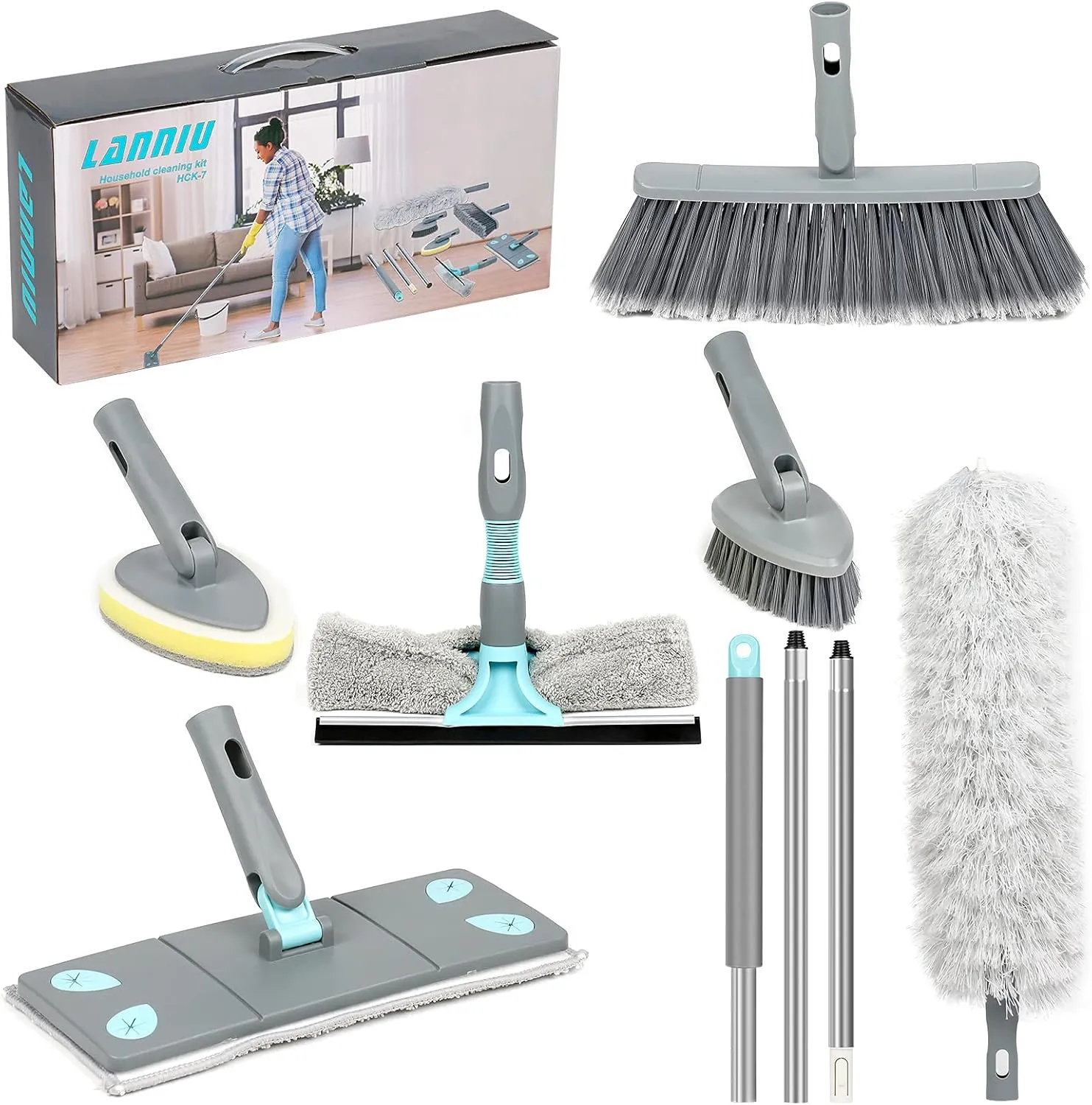 Detachable Broom Mop Combo for House Cleaning, Collapsible Broom and Mop for RV, Home, Dorm, Foldable, Extendable Pole, Fiber Duster, Window Squeegee, Window Scrubber