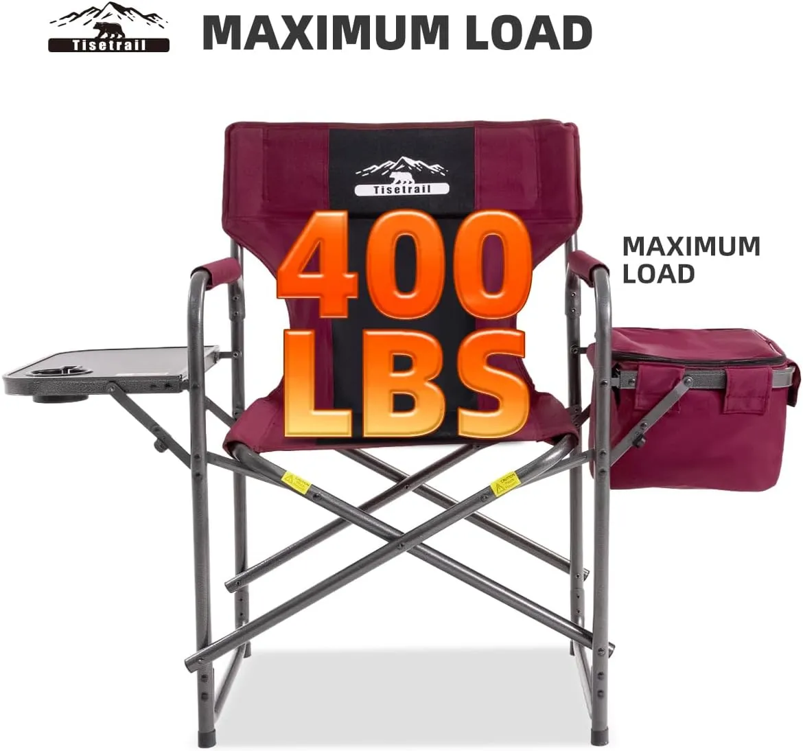 Director Camping Chair with Cooler Bag Camping Directors Chair with Foldable Side Tray Outdoor Folding Lawn Chair, Supports 400lbs, Wine Red