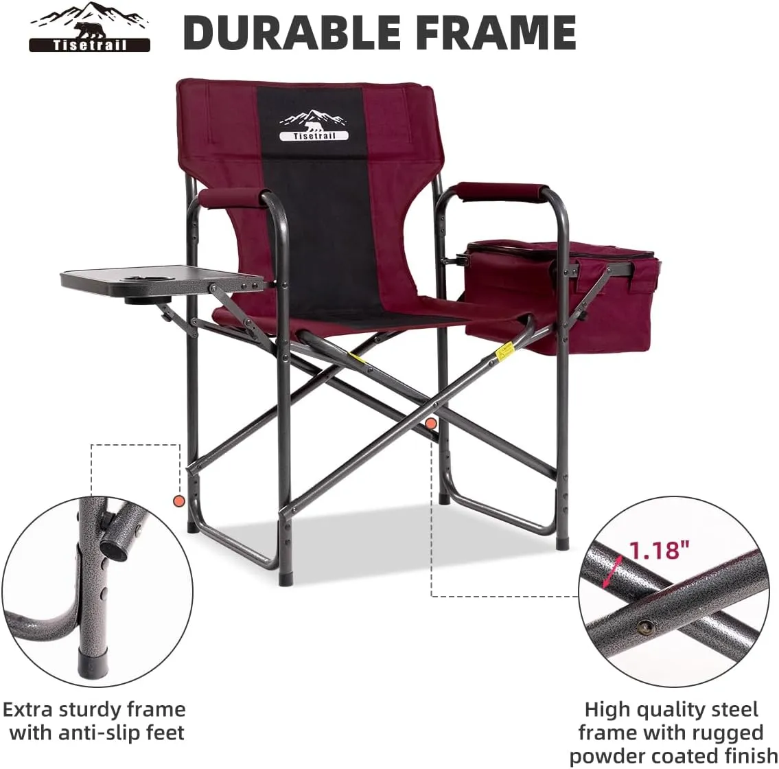 Director Camping Chair with Cooler Bag Camping Directors Chair with Foldable Side Tray Outdoor Folding Lawn Chair, Supports 400lbs, Wine Red