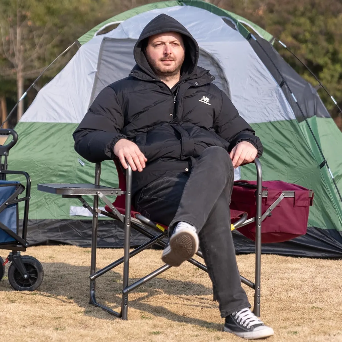 Director Camping Chair with Cooler Bag Camping Directors Chair with Foldable Side Tray Outdoor Folding Lawn Chair, Supports 400lbs, Wine Red