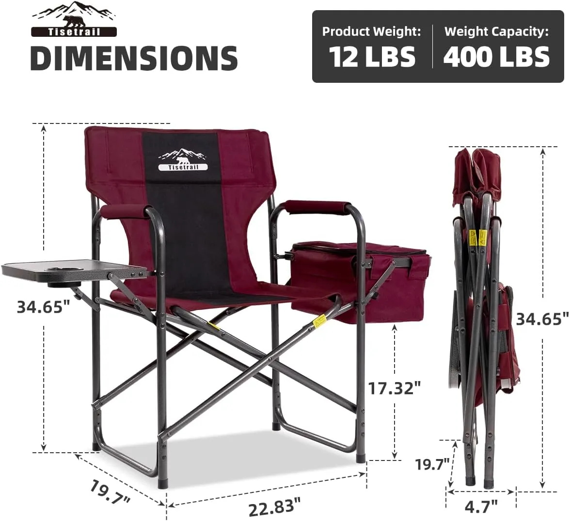 Director Camping Chair with Cooler Bag Camping Directors Chair with Foldable Side Tray Outdoor Folding Lawn Chair, Supports 400lbs, Wine Red