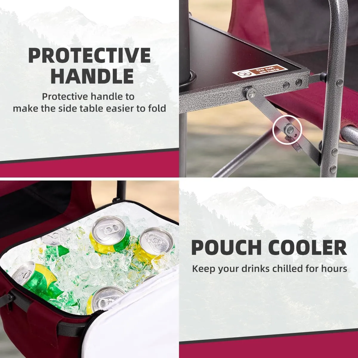 Director Camping Chair with Cooler Bag Camping Directors Chair with Foldable Side Tray Outdoor Folding Lawn Chair, Supports 400lbs, Wine Red