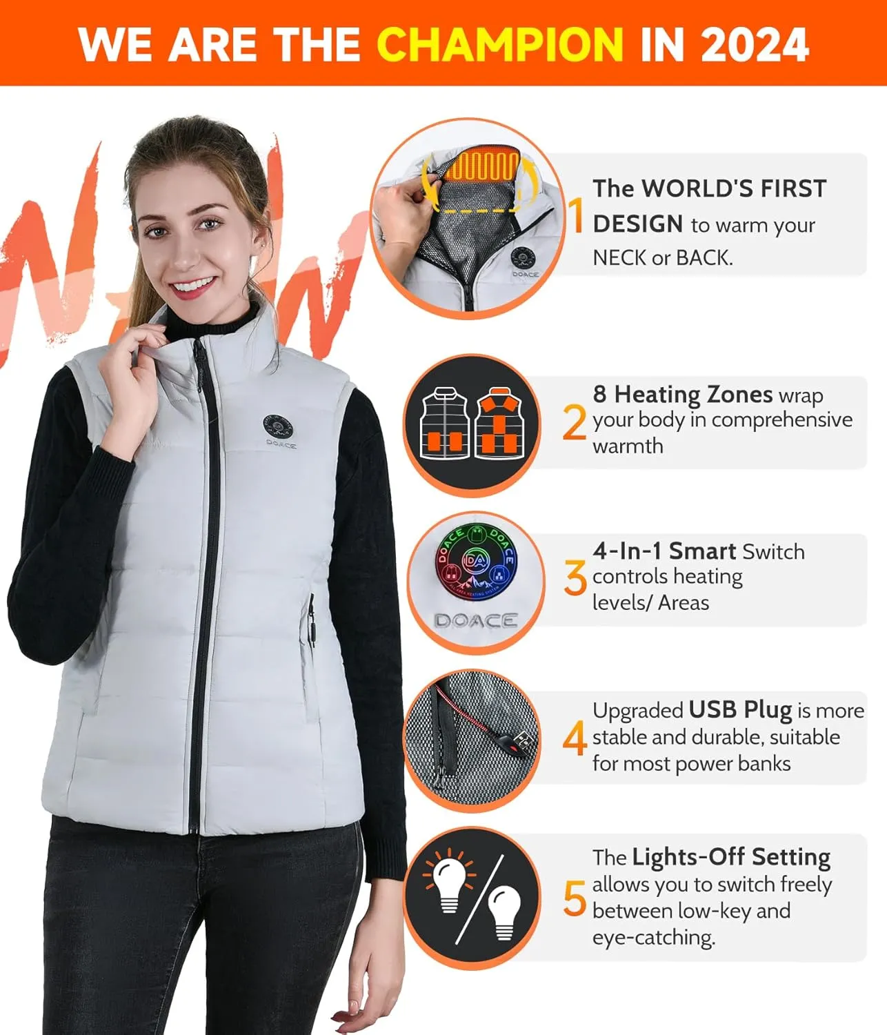 DOACE® Upgraded Heated Vest for Men and Women, Smart Electric Heating Vest, Lightweight Heated Jacket (Battery Not Included)