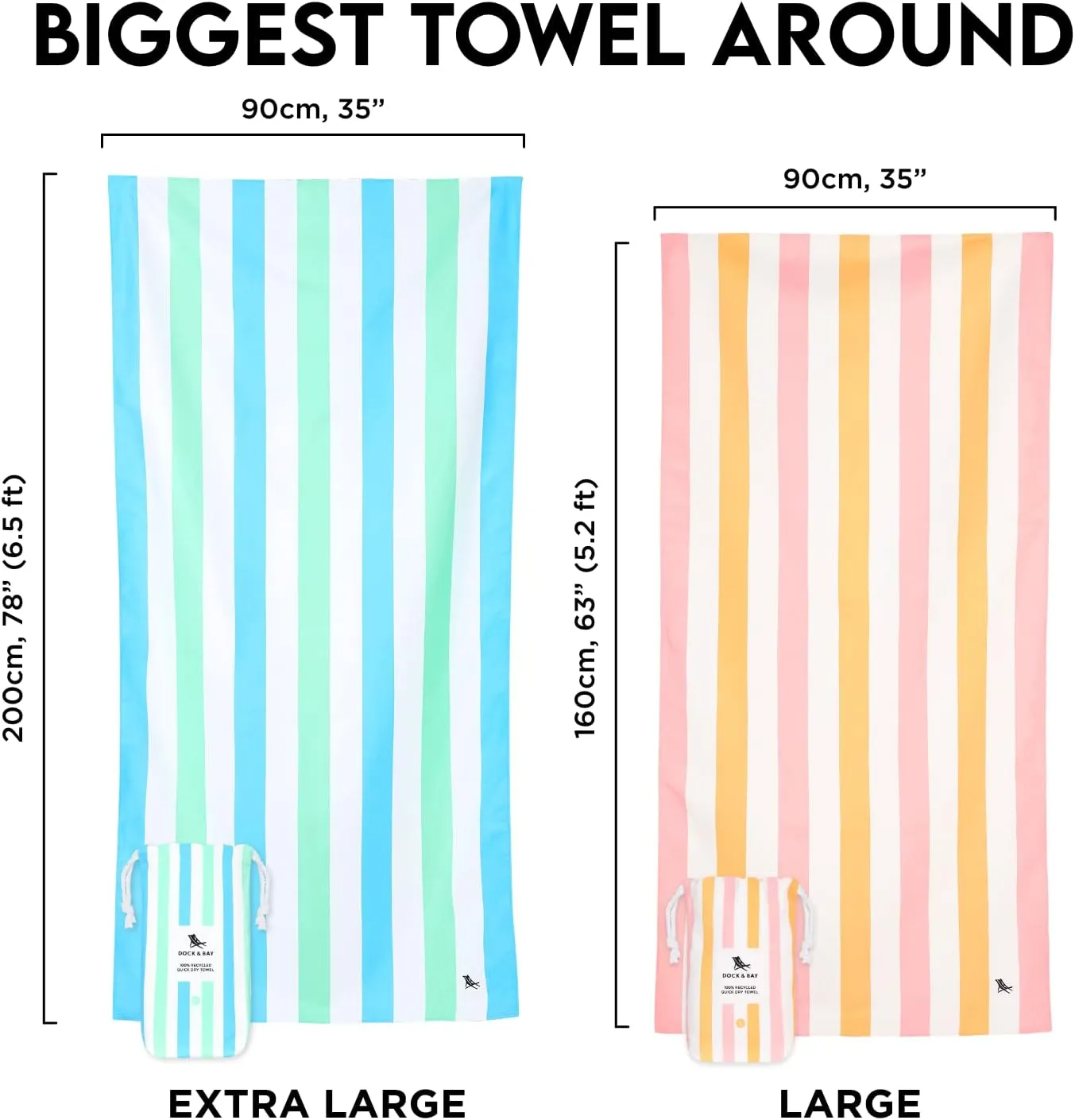 Dock & Bay Beach Towel - Quick Dry, Sand Free - Compact, Lightweight - 100% Recycled - Includes Bag - Summer - Rainbow Skies - Large (160x90cm, 63x35)