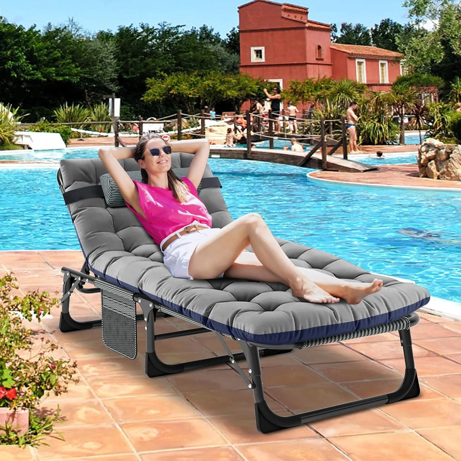 DoCred Folding Lounge Chair with Mattress, 5 Position Adjustable Folding Sleeping Bed Cot Chaise Lounge Chairs Perfect for Sunbathing, Camping, Pool, Beach, Patio