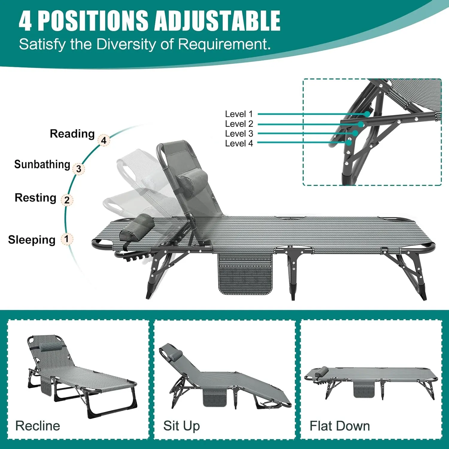 DoCred Folding Lounge Chair with Mattress, 5 Position Adjustable Folding Sleeping Bed Cot Chaise Lounge Chairs Perfect for Sunbathing, Camping, Pool, Beach, Patio