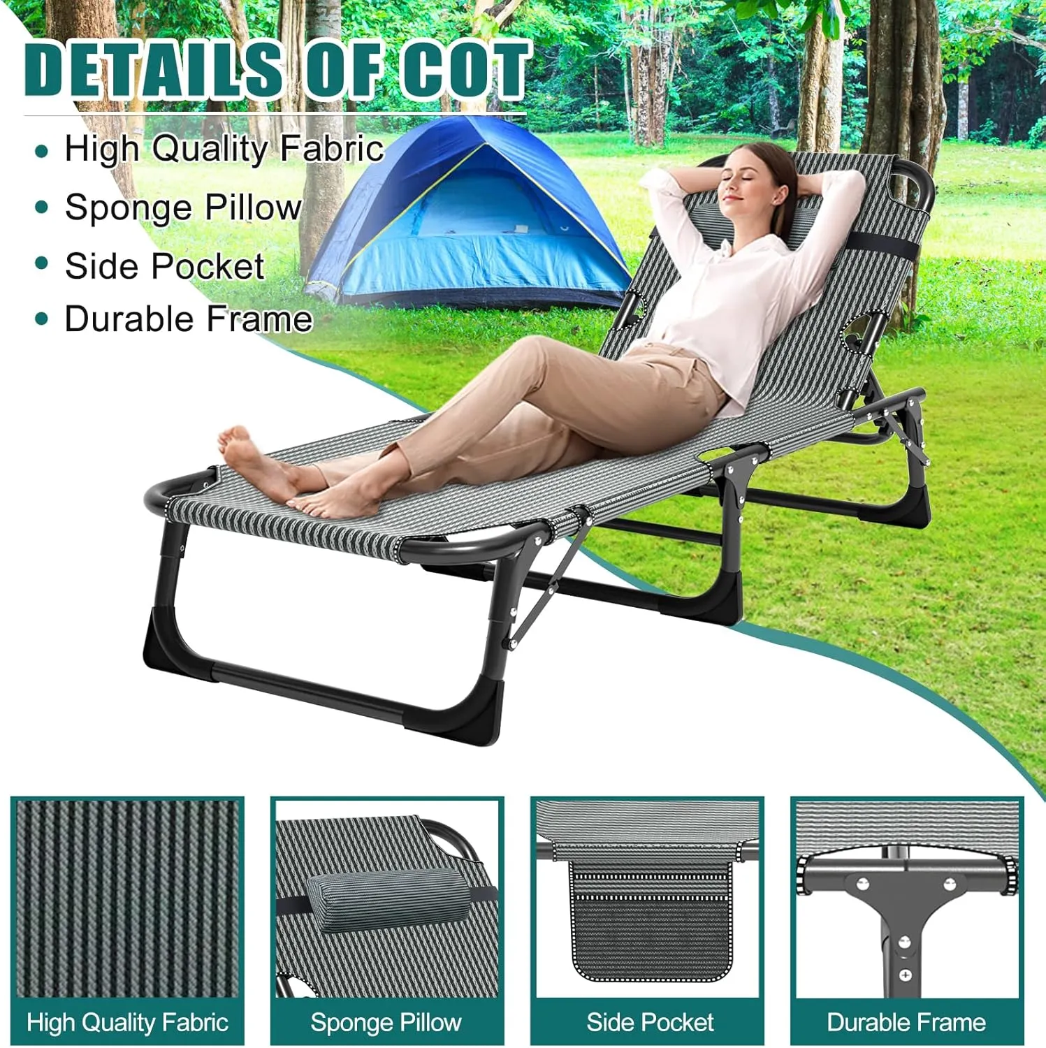 DoCred Folding Lounge Chair with Mattress, 5 Position Adjustable Folding Sleeping Bed Cot Chaise Lounge Chairs Perfect for Sunbathing, Camping, Pool, Beach, Patio