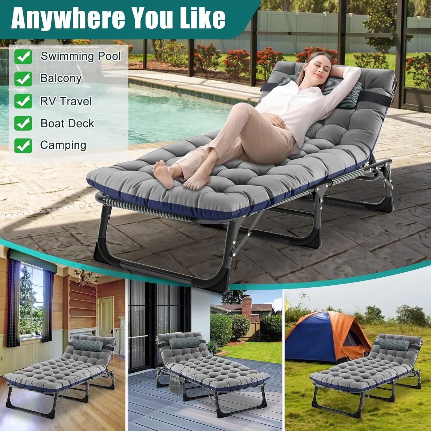DoCred Folding Lounge Chair with Mattress, 5 Position Adjustable Folding Sleeping Bed Cot Chaise Lounge Chairs Perfect for Sunbathing, Camping, Pool, Beach, Patio