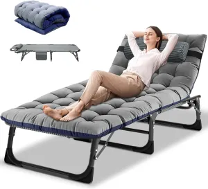DoCred Folding Lounge Chair with Mattress, 5 Position Adjustable Folding Sleeping Bed Cot Chaise Lounge Chairs Perfect for Sunbathing, Camping, Pool, Beach, Patio