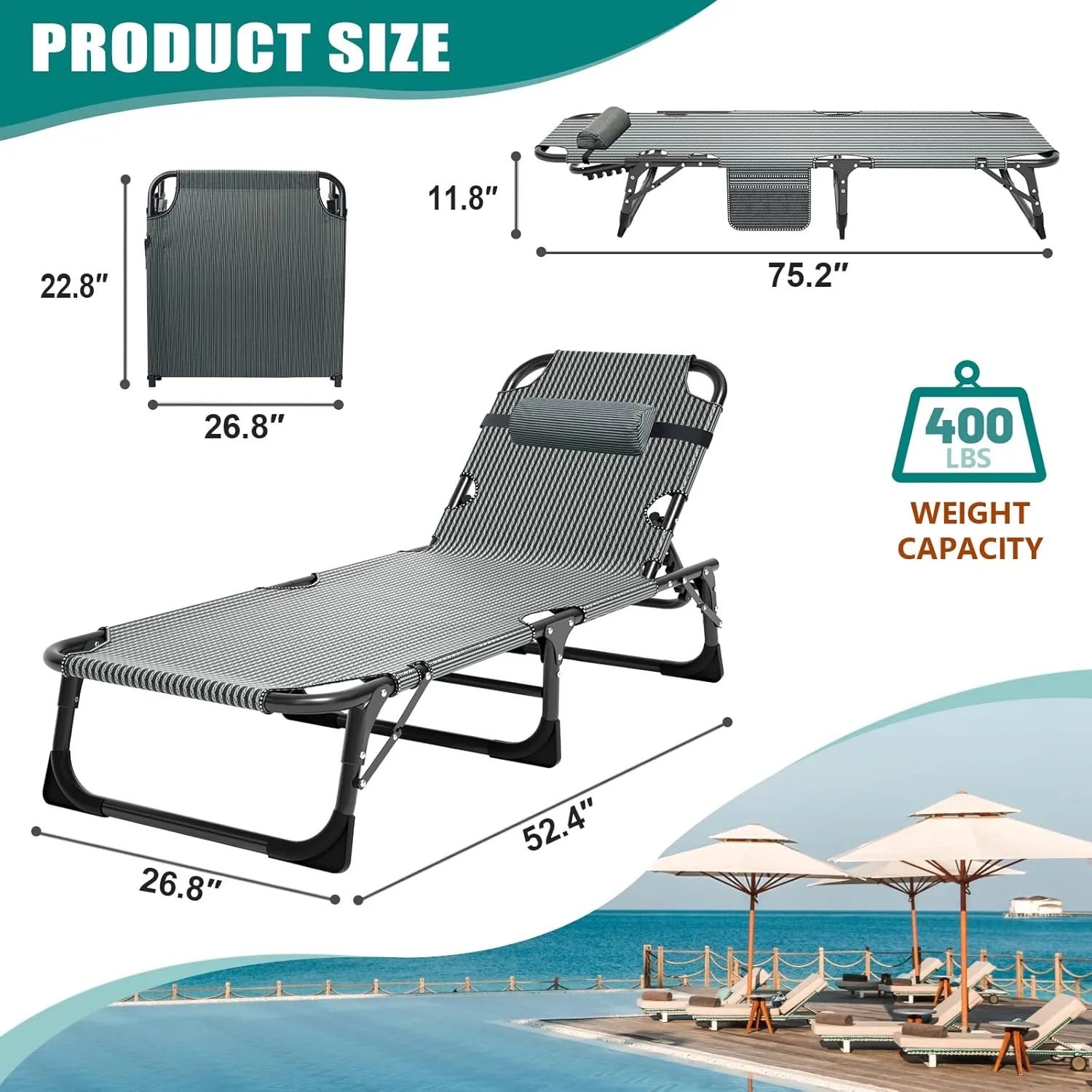 DoCred Folding Lounge Chair with Mattress, 5 Position Adjustable Folding Sleeping Bed Cot Chaise Lounge Chairs Perfect for Sunbathing, Camping, Pool, Beach, Patio