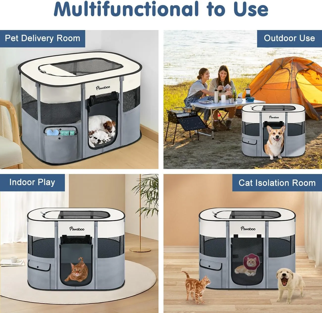 Dog Playpen, Portable Pet Playpen Cat PlayPen, 600D Oxford Dog Kennel Tent Crate, Waterproof&Breathable, Indoor Outdoor Travel Camping Use for Medium/Large Breed with Carrying Case Folding Bowl,M,Gray