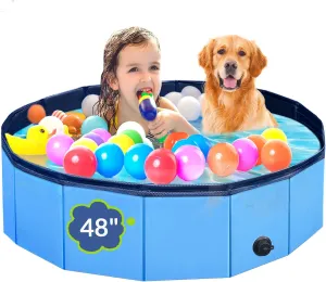 Dog Pool, Foldable Pet Swimming Pool with 6mm High-Strength PP Board, Hard Plastic Collapsible Doggy Pools for Small Dogs Kitty Duck, Non-Slip Doggie Bathtub Quick to Set Up and Drainage Hole, 48"