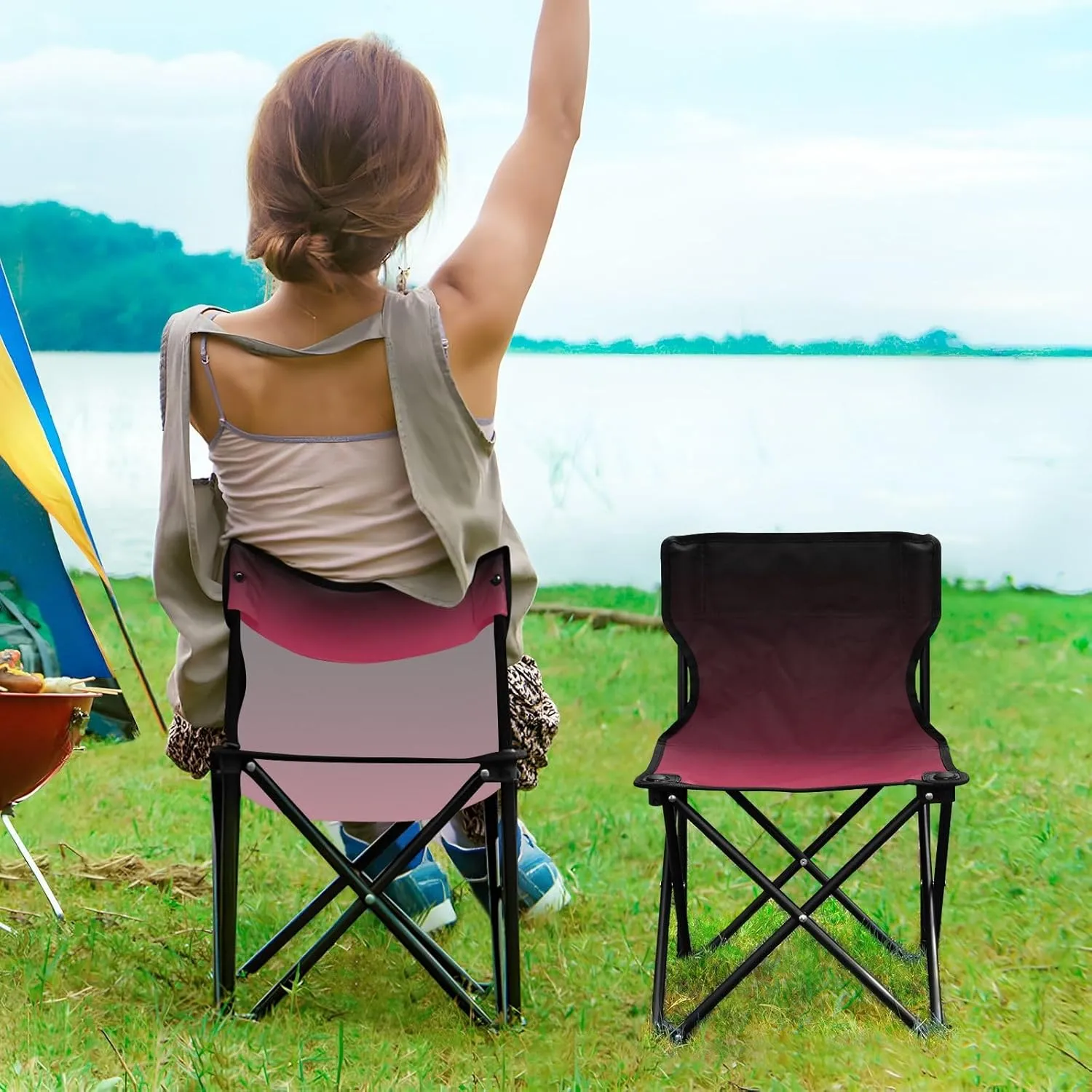 DOMIKING Gradient Magenta Red Black Kids' Portable Camping Chairs for Outdoor Beach Chairs with Carry Bag Folding Chair for Garden Beach Events