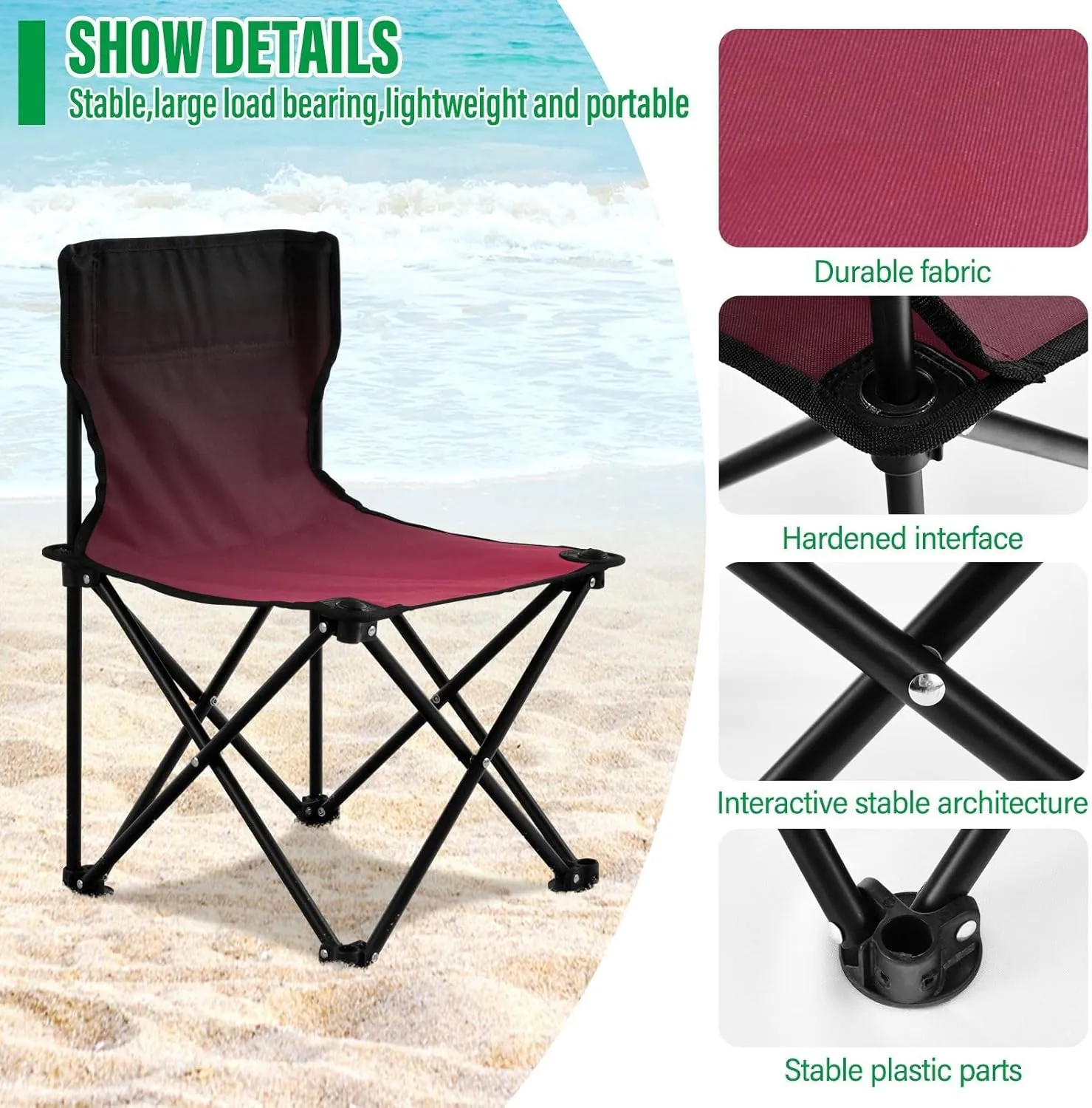 DOMIKING Gradient Magenta Red Black Kids' Portable Camping Chairs for Outdoor Beach Chairs with Carry Bag Folding Chair for Garden Beach Events