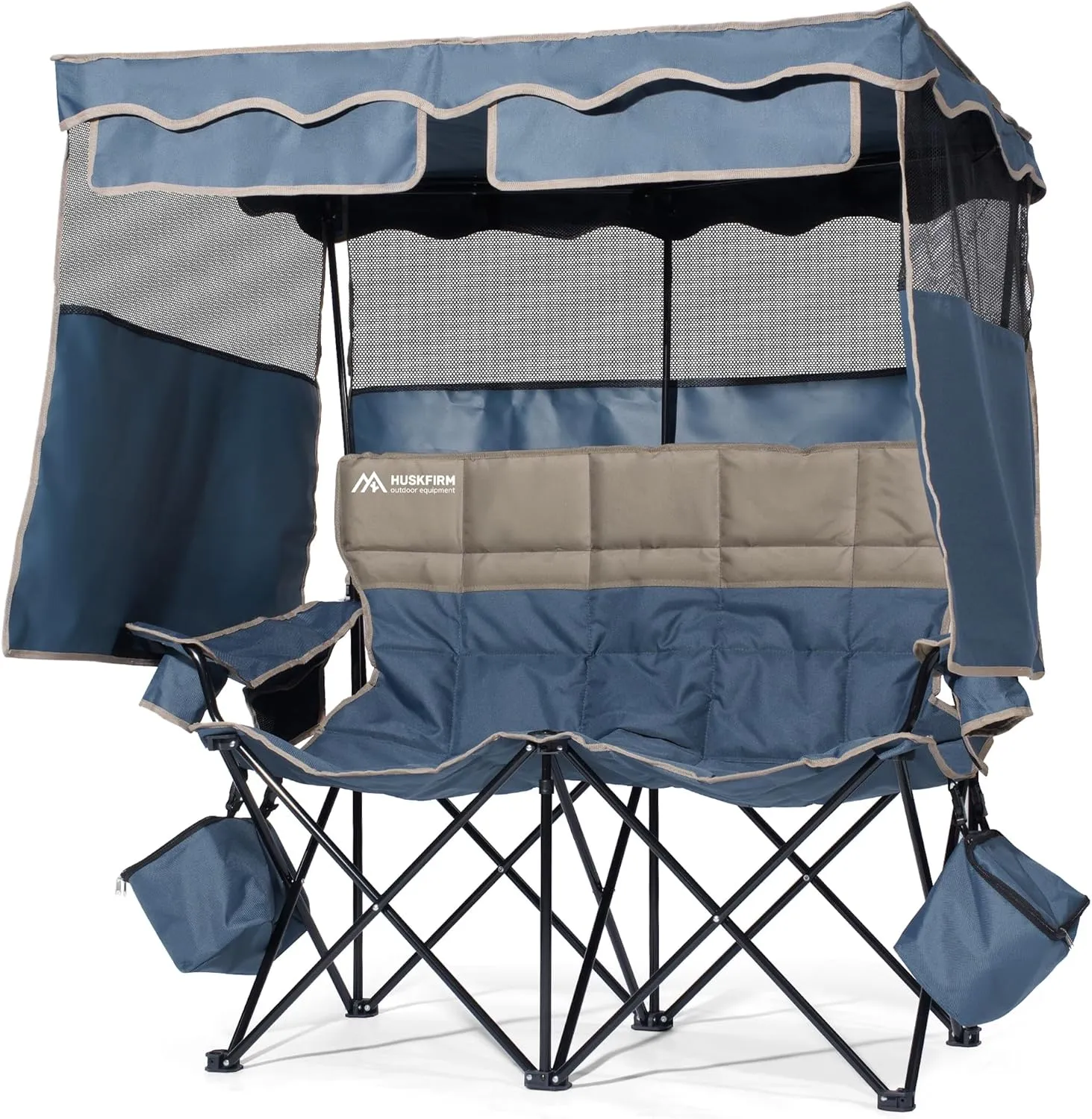 Double Beach Chair With Canopy Shade Camping Chair With Canopy Oversized Camping Chair With Removable Roof Folding Loveseat Chair With Two Cup Holders and Cooler Bag For Camping,Beach, Fishing