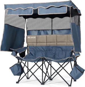Double Beach Chair With Canopy Shade Camping Chair With Canopy Oversized Camping Chair With Removable Roof Folding Loveseat Chair With Two Cup Holders and Cooler Bag For Camping,Beach, Fishing