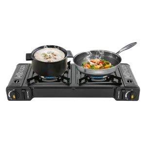 Double Burner Butane Stove for Outdoor Cooking, Propane Adapter Hose and Carrying Case for Camping BBQ