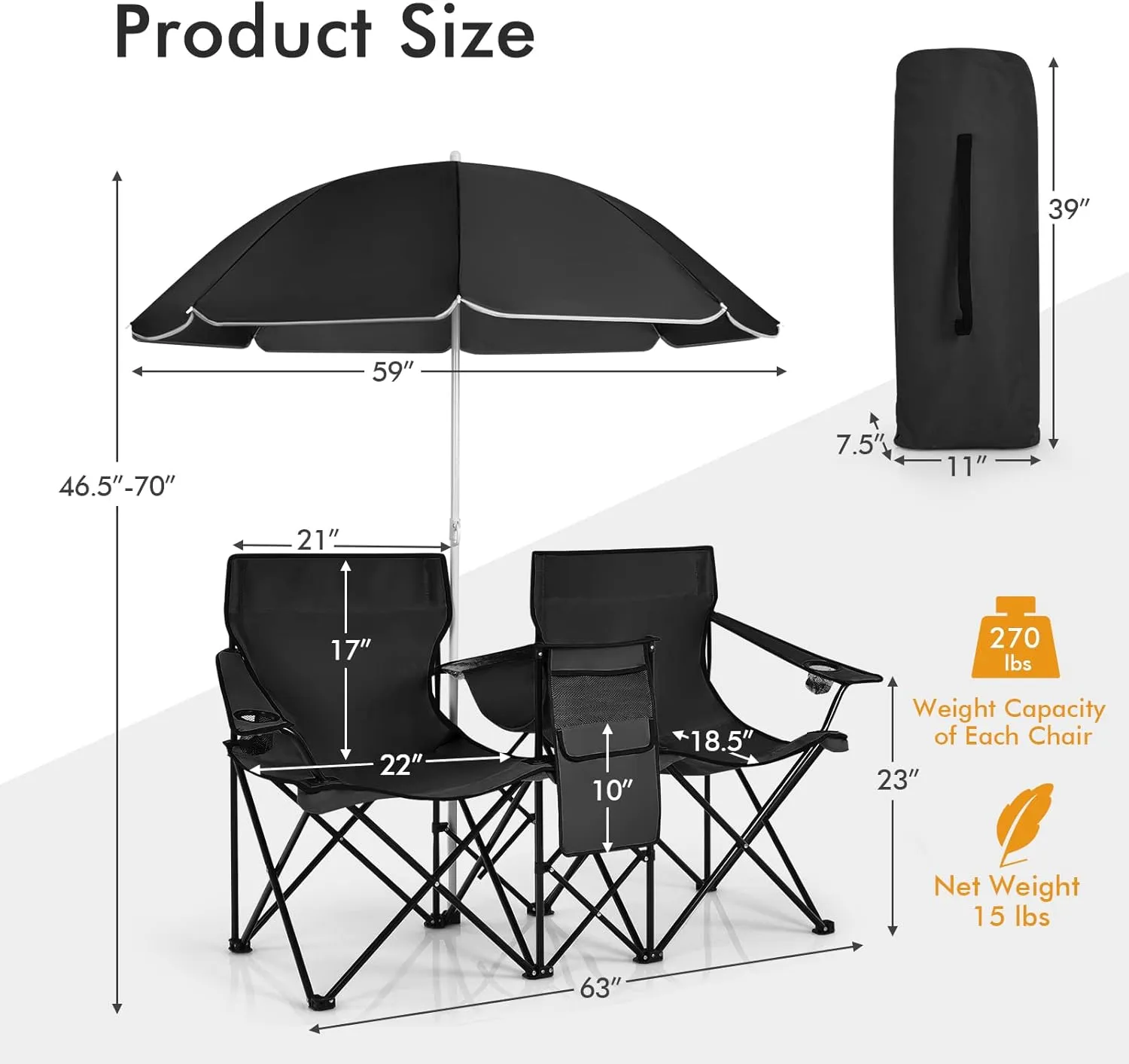 Double Camping Chair with Canopy, Folding Camp Chairs w/Cup Holder, Cooler & Carry Bag, Table, Side Pocket, 2 Person Portable Beach Chair with Umbrella, for Picnic Fishing (Black)