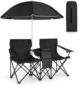 Double Camping Chair with Canopy, Folding Camp Chairs w/Cup Holder, Cooler & Carry Bag, Table, Side Pocket, 2 Person Portable Beach Chair with Umbrella, for Picnic Fishing (Black)