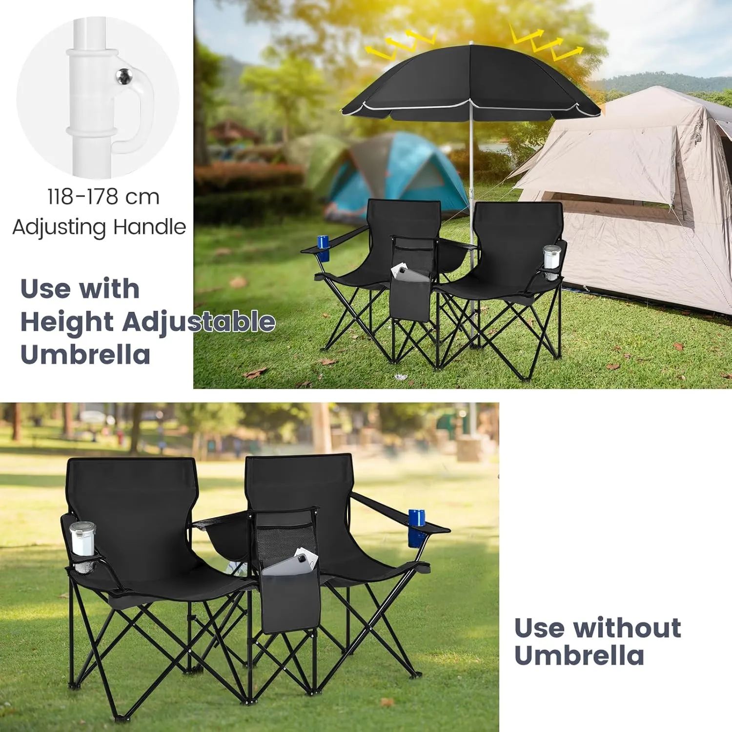 Double Camping Chair with Canopy, Folding Camp Chairs w/Cup Holder, Cooler & Carry Bag, Table, Side Pocket, 2 Person Portable Beach Chair with Umbrella, for Picnic Fishing (Black)