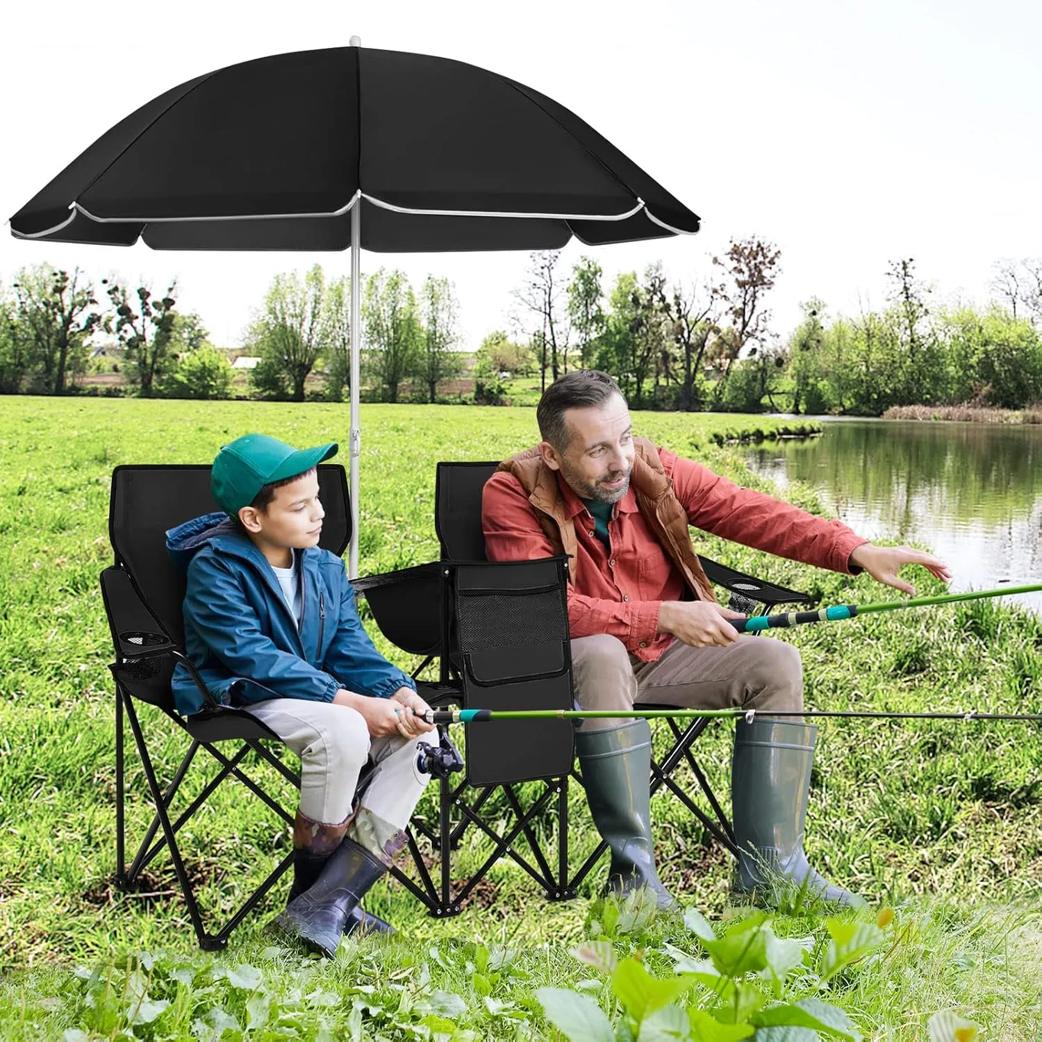 Double Camping Chair with Canopy, Folding Camp Chairs w/Cup Holder, Cooler & Carry Bag, Table, Side Pocket, 2 Person Portable Beach Chair with Umbrella, for Picnic Fishing (Black)