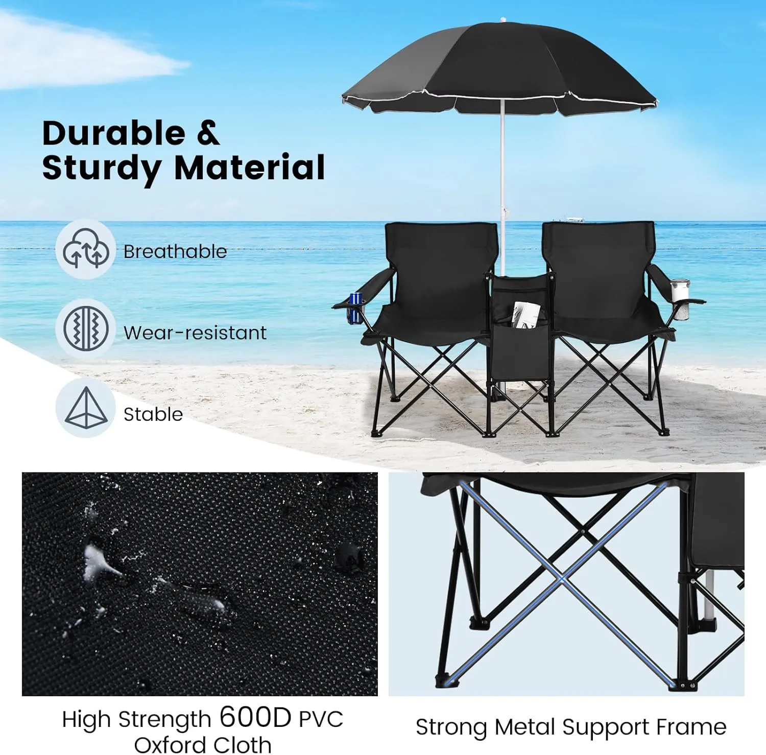 Double Camping Chair with Canopy, Folding Camp Chairs w/Cup Holder, Cooler & Carry Bag, Table, Side Pocket, 2 Person Portable Beach Chair with Umbrella, for Picnic Fishing (Black)