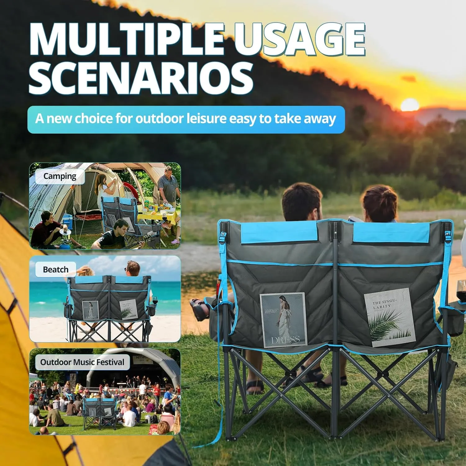 Double High-Back Camping Loveseat with Pillows, Dual Cup Holders & Cooler Bags - Oversized 2 Person Heavy Duty Folding Chair for Adults, 800LBS Capacity, Outdoor, Picnic, Lawn(Bluegrey)