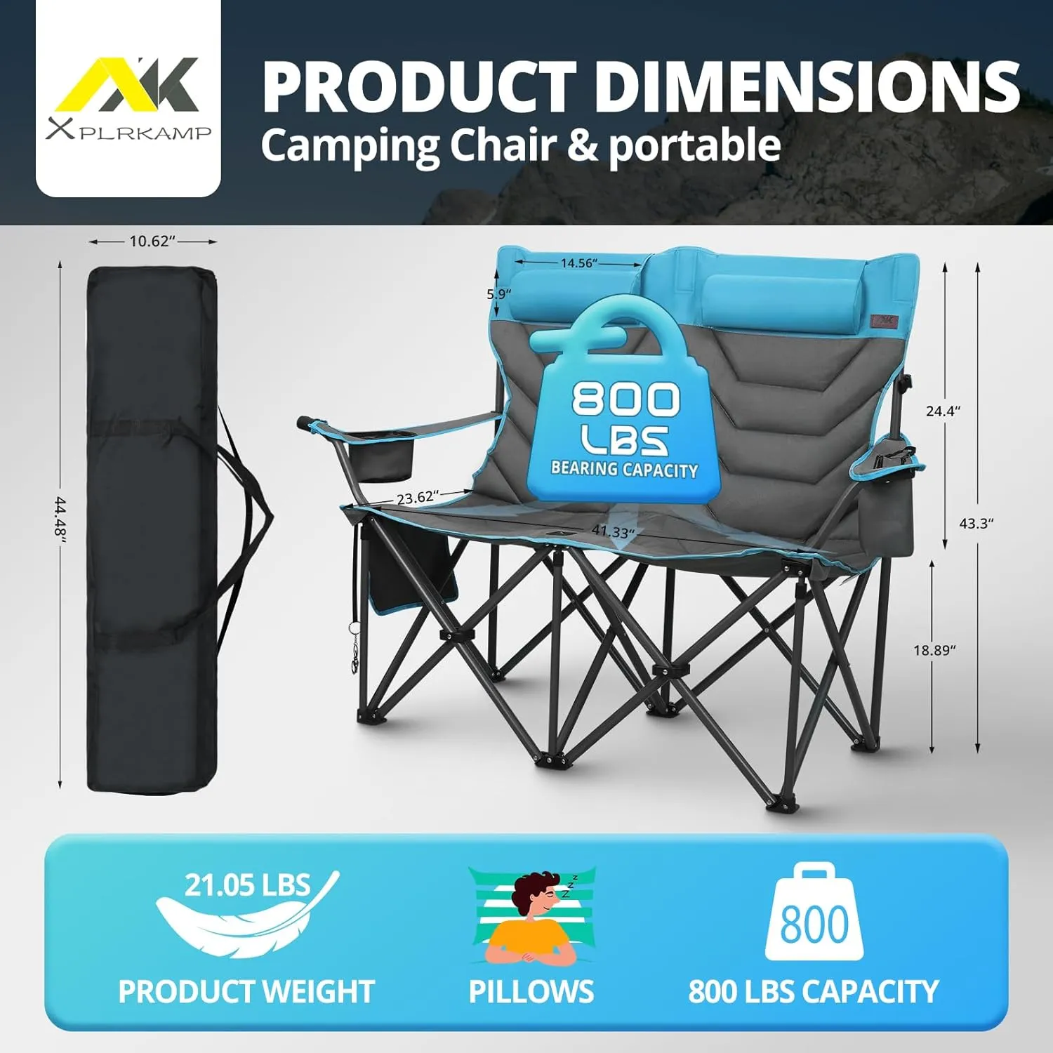 Double High-Back Camping Loveseat with Pillows, Dual Cup Holders & Cooler Bags - Oversized 2 Person Heavy Duty Folding Chair for Adults, 800LBS Capacity, Outdoor, Picnic, Lawn(Bluegrey)
