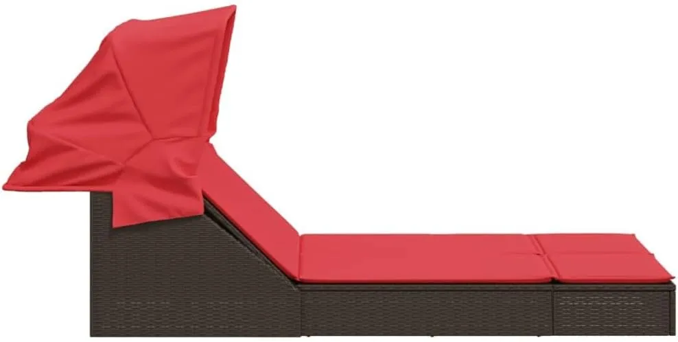 Double Sun Lounger with Canopy and Cushions Brown Poly Rattantanning Chair Camping Chairs Recliner Chair Patio chairsSuitable for Gardens, courtyards