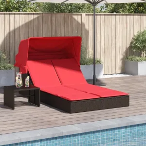 Double Sun Lounger with Canopy and Cushions Brown Poly Rattantanning Chair Camping Chairs Recliner Chair Patio chairsSuitable for Gardens, courtyards