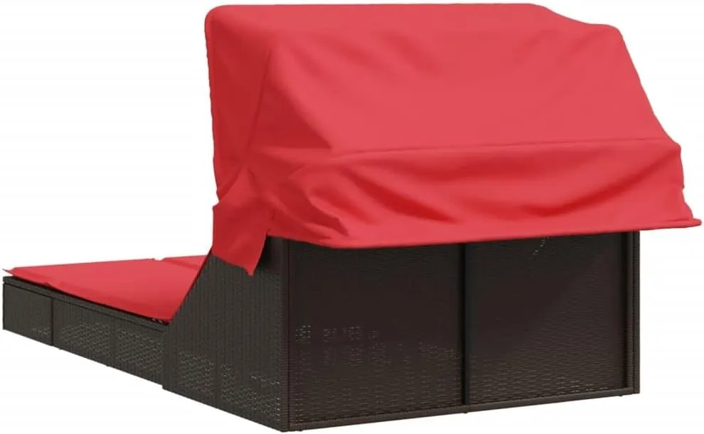 Double Sun Lounger with Canopy and Cushions Brown Poly Rattantanning Chair Camping Chairs Recliner Chair Patio chairsSuitable for Gardens, courtyards