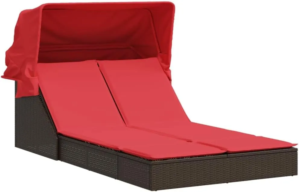 Double Sun Lounger with Canopy and Cushions Brown Poly Rattantanning Chair Camping Chairs Recliner Chair Patio chairsSuitable for Gardens, courtyards