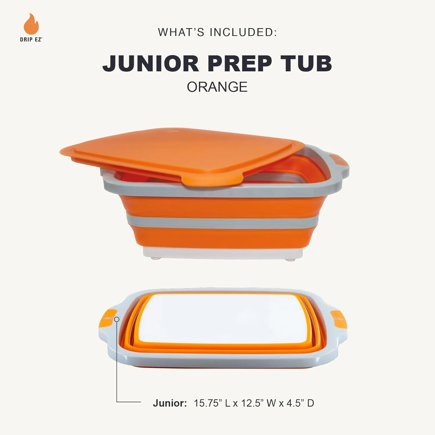 Drip EZ Collapsible BBQ Prep Tub (V1) - For Meal Prep, Marinating, Food Storage - Includes Cutting Board & Lid - (1) JR - Orange