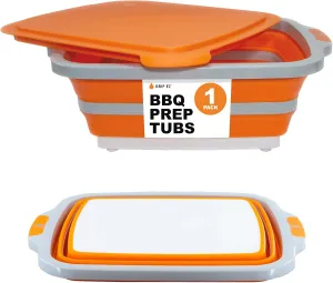 Drip EZ Collapsible BBQ Prep Tub (V1) - For Meal Prep, Marinating, Food Storage - Includes Cutting Board & Lid - (1) JR - Orange