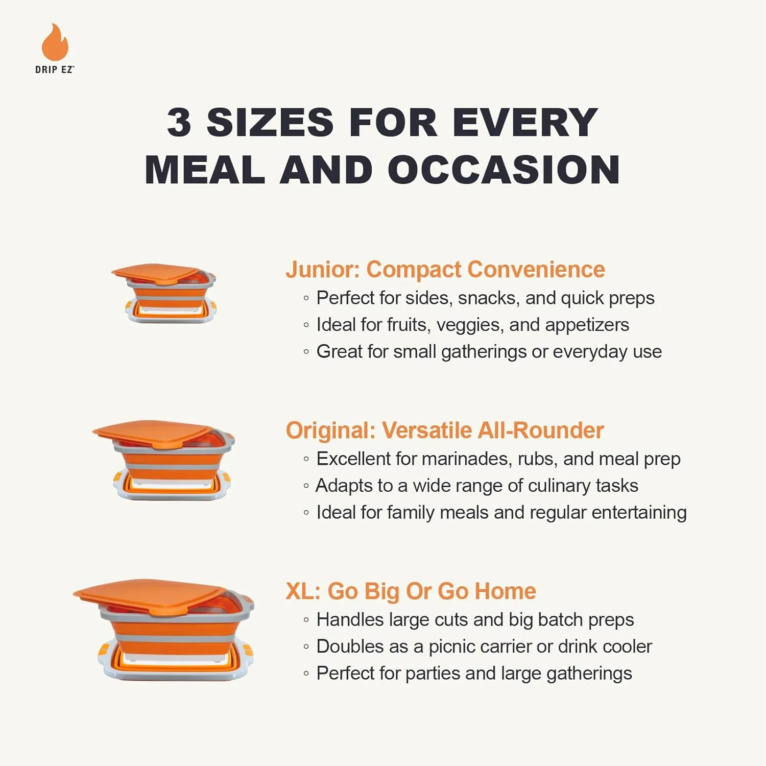 Drip EZ Collapsible BBQ Prep Tub (V1) - For Meal Prep, Marinating, Food Storage - Includes Cutting Board & Lid - (1) JR - Orange