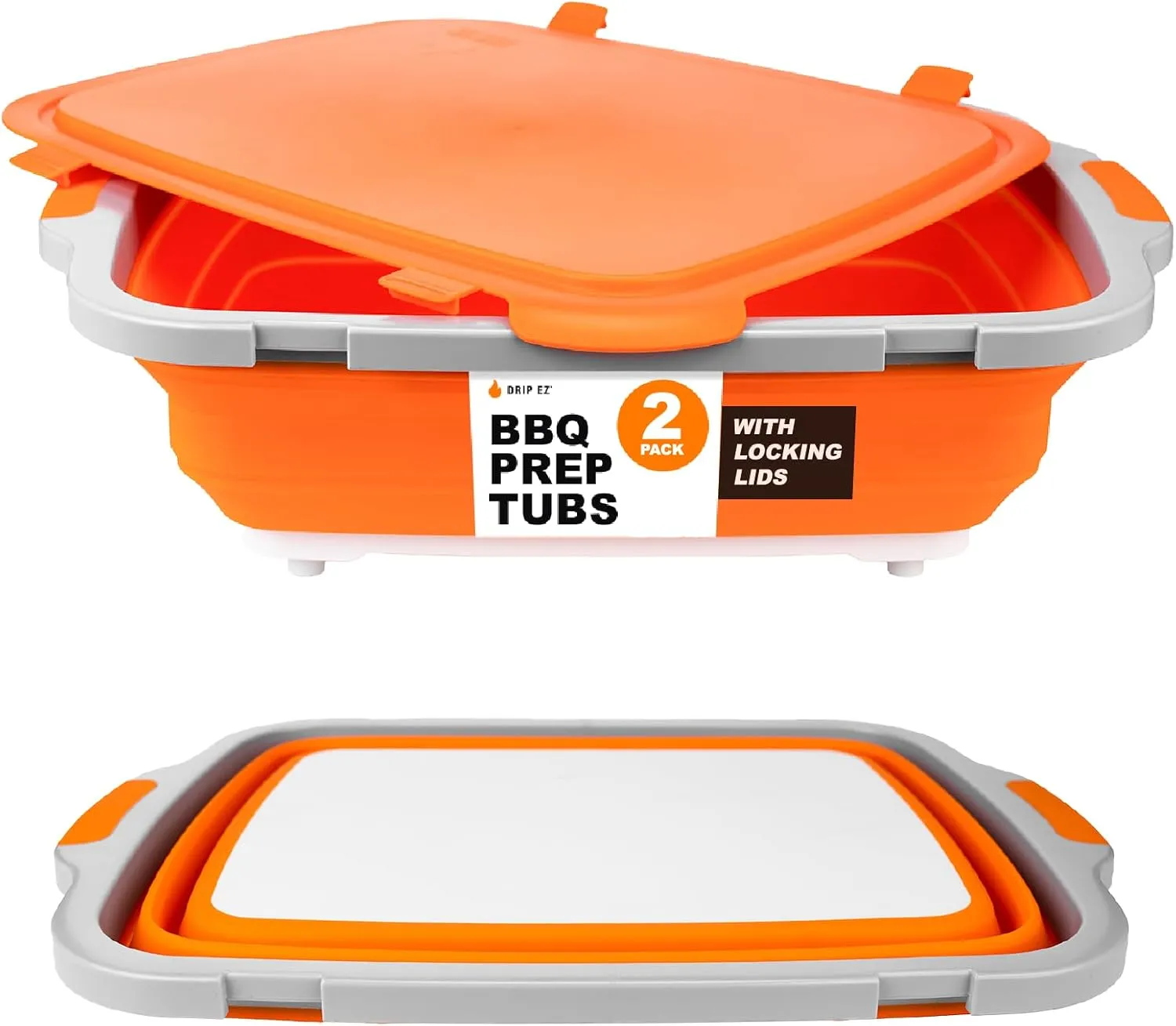Drip EZ Collapsible BBQ Prep Tubs 2-Piece Set- For Meal Prep Marinating Food Storage - Includes Cutting Board & Lid - (2) XL - Orange