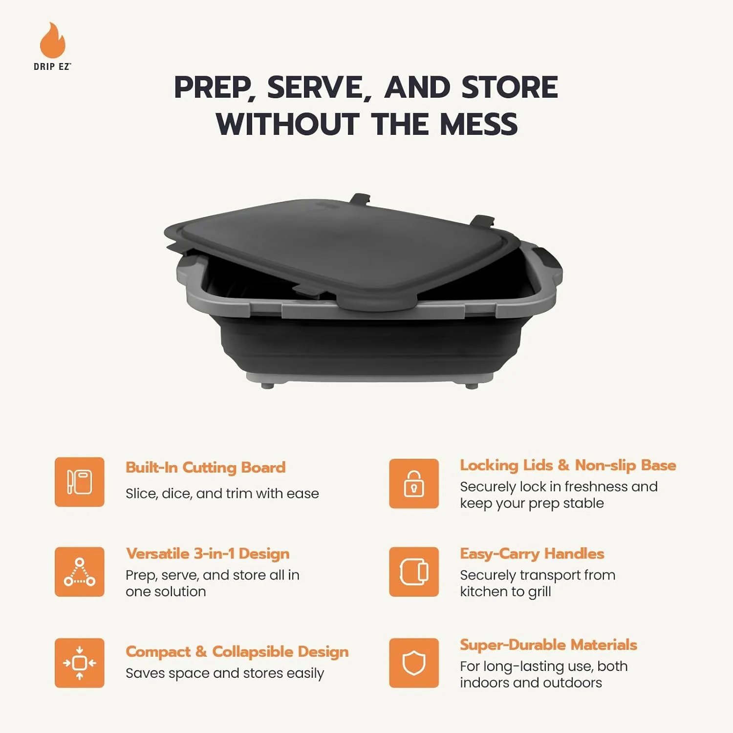 Drip EZ Collapsible BBQ Prep Tubs 2-Piece Set- For Meal Prep Marinating Food Storage - Includes Cutting Board & Lid - (2) XL - Orange
