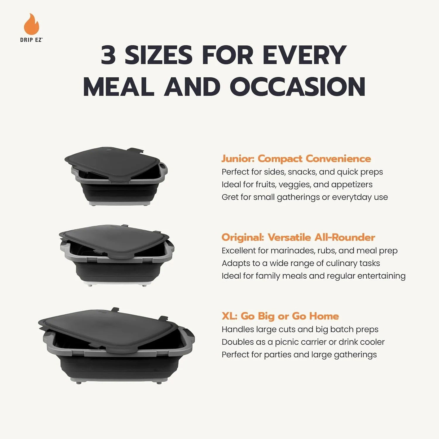 Drip EZ Collapsible BBQ Prep Tubs 2-Piece Set- For Meal Prep Marinating Food Storage - Includes Cutting Board & Lid - (2) XL - Orange