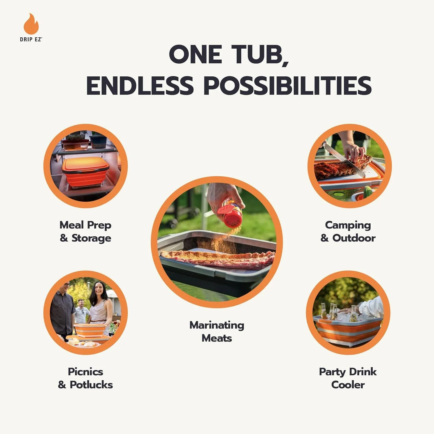 Drip EZ Collapsible BBQ Prep Tubs 2-Piece Set- For Meal Prep Marinating Food Storage - Includes Cutting Board & Lid - (2) XL - Orange