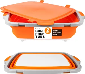Drip EZ Collapsible BBQ Prep Tubs 2-Piece Set- For Meal Prep Marinating Food Storage - Includes Cutting Board & Lid - (2) XL - Orange