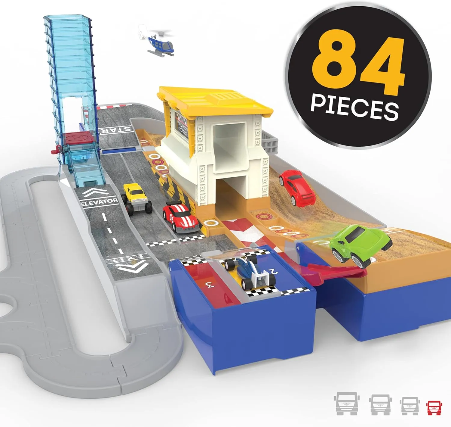 Driven by Battat – Collapsible Racetrack Playset 84 Pcs – 6 Mini Cars Including Race Car, Monster Truck – Connectible Tracks & More Accessories – Car Toy Gift for Boys & Girls Age 3 