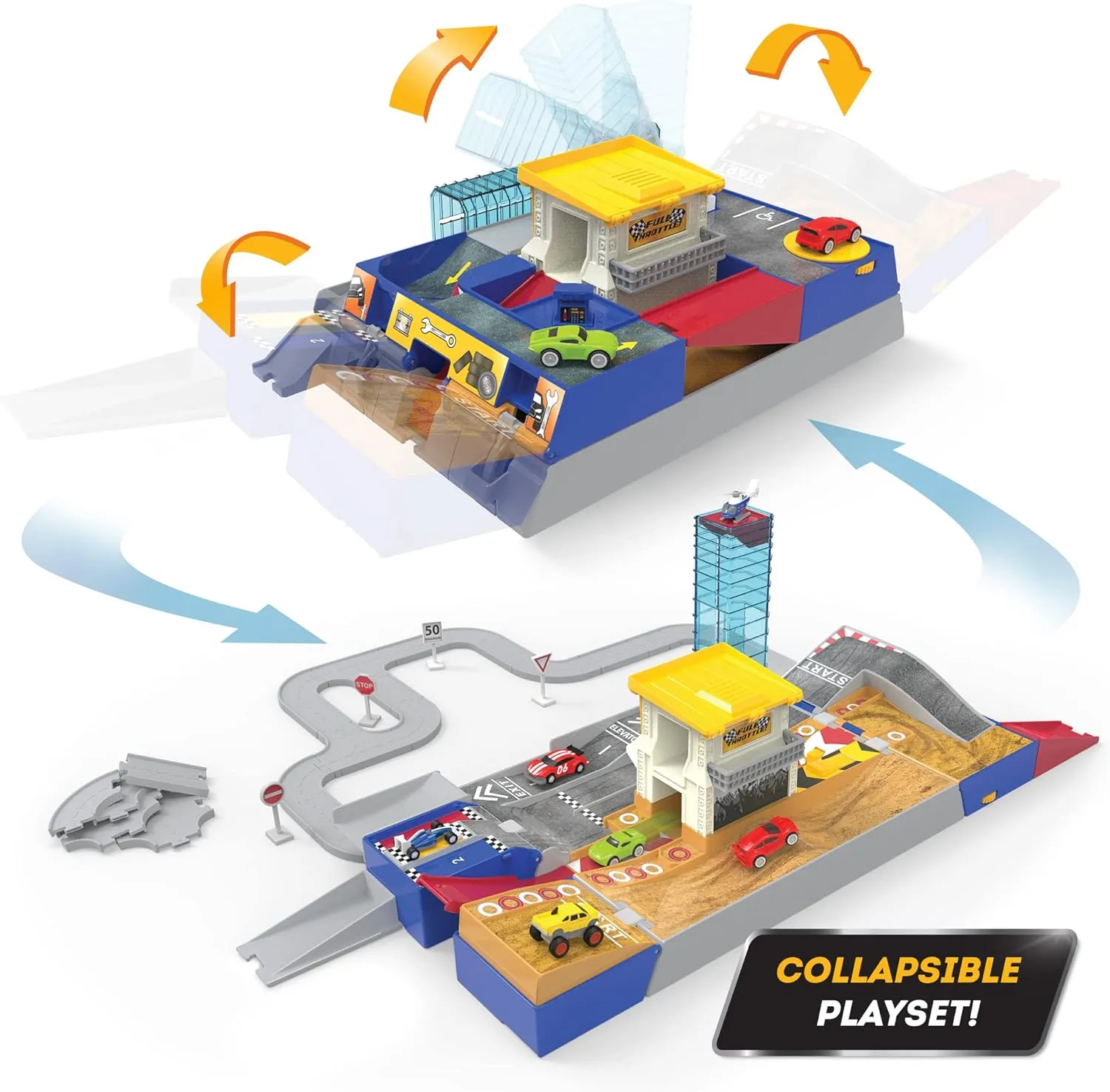 Driven by Battat – Collapsible Racetrack Playset 84 Pcs – 6 Mini Cars Including Race Car, Monster Truck – Connectible Tracks & More Accessories – Car Toy Gift for Boys & Girls Age 3 
