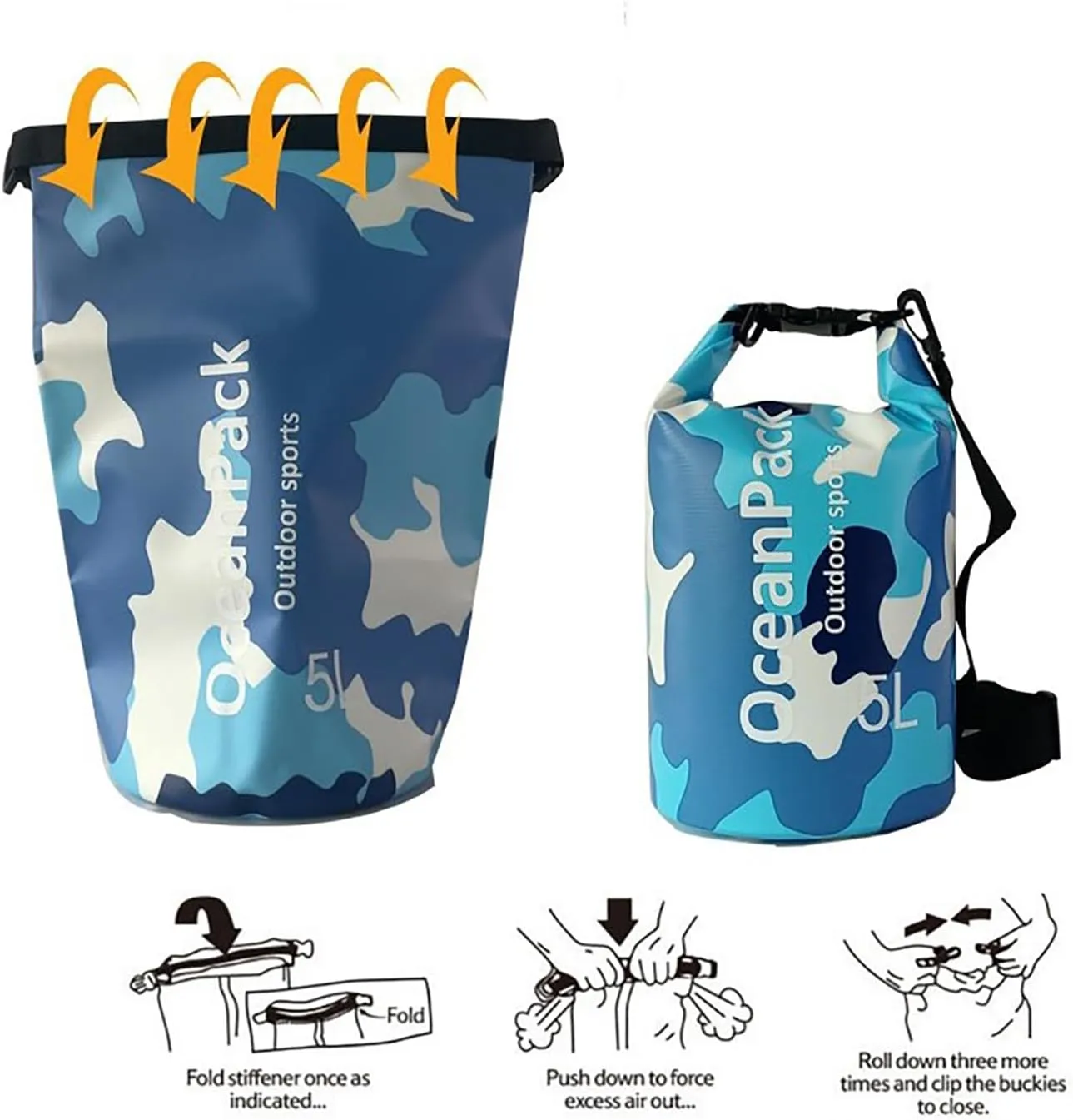 Dry Bag Waterproof for Women, 5L/10L/20L Roll Top Lightweight Dry Storage Bag Backpack for Travel, Swimming, Boating, Kayaking, Camping & Beach (BLUE CAMO, 20L)