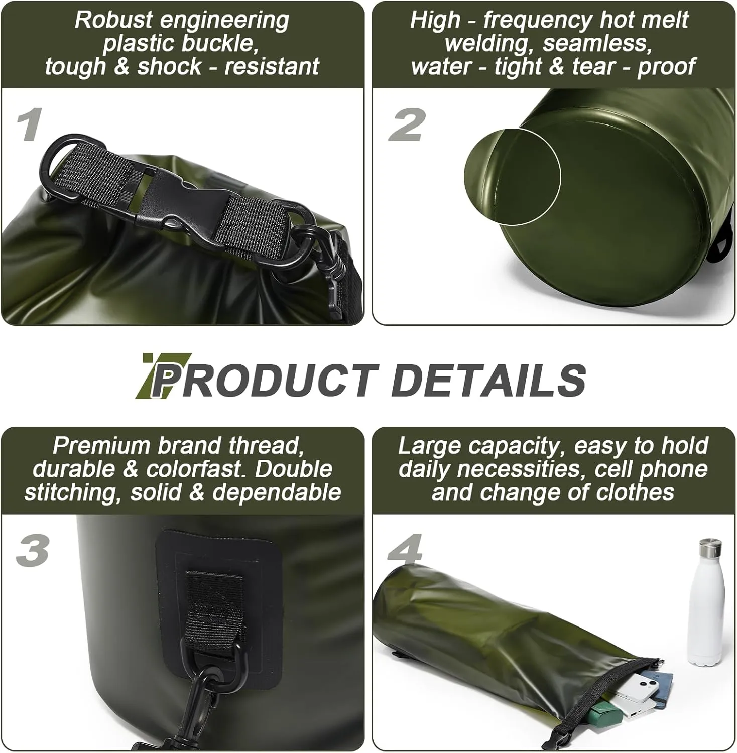 Dry Bags for Kayaking Waterproof, 5L/10L Dry Storage Bag, Lightweight Roll Top Wet Bag for Swimming, Boating, Fishing, Travel, Camping & Beach (Green)
