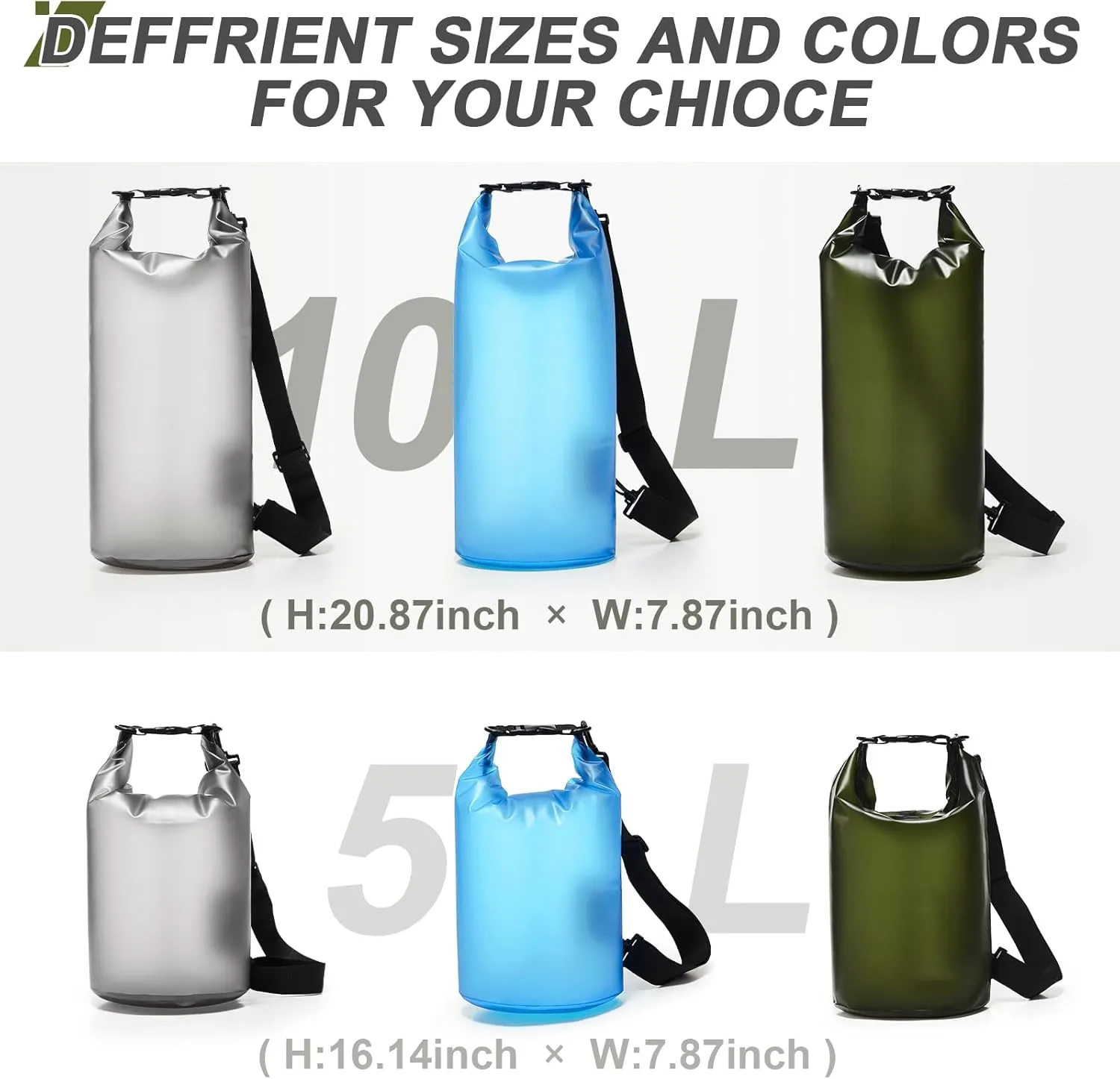 Dry Bags for Kayaking Waterproof, 5L/10L Dry Storage Bag, Lightweight Roll Top Wet Bag for Swimming, Boating, Fishing, Travel, Camping & Beach (Green)