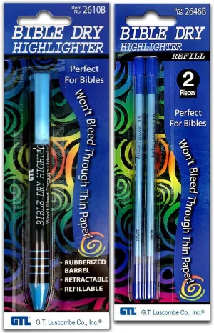 Dry Bible/Book Highlighter Pen With 2 Pack Bible/Book Dry Highlighter Refill (Blue)