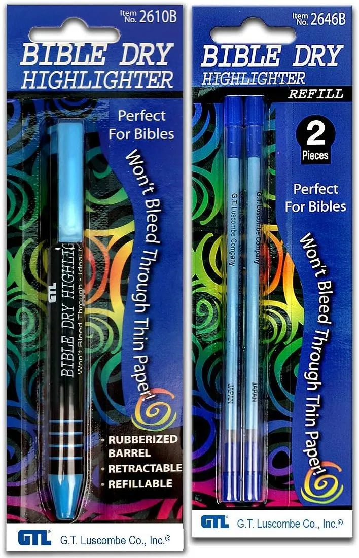 Dry Bible/Book Highlighter Pen With 2 Pack Bible/Book Dry Highlighter Refill (Blue)