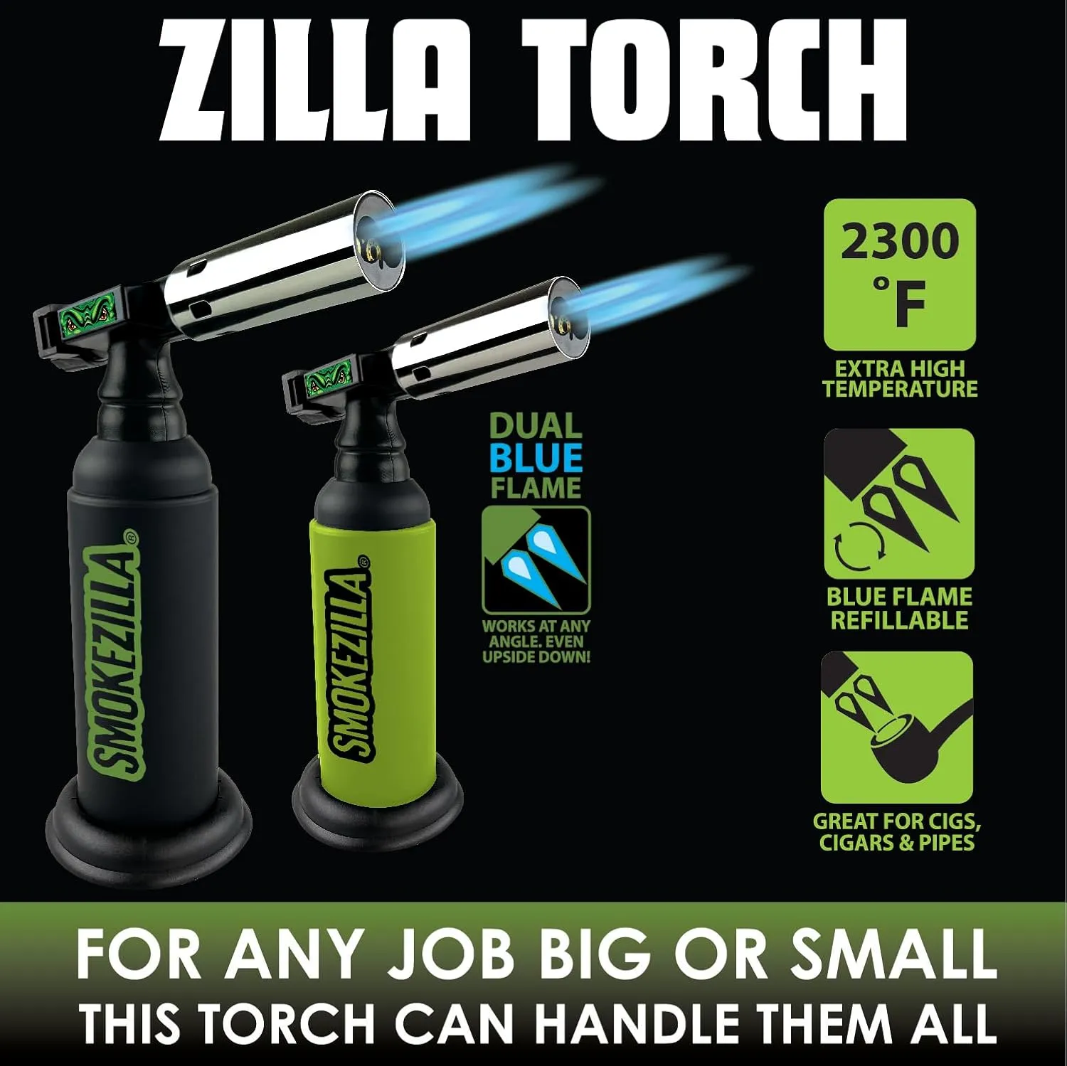 Dual Blue Flame Torch: Extra Large Capacity & Refillable (Pre-Filled & Ready to Use) | Zilla High Power Lighter (Black)